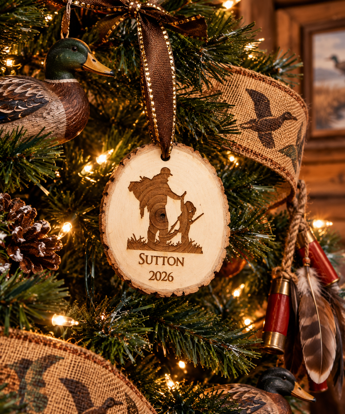 Personalized wood-slice Christmas ornament with an engraved adult-and-child hunting scene, Sutton name, and 2026 year.