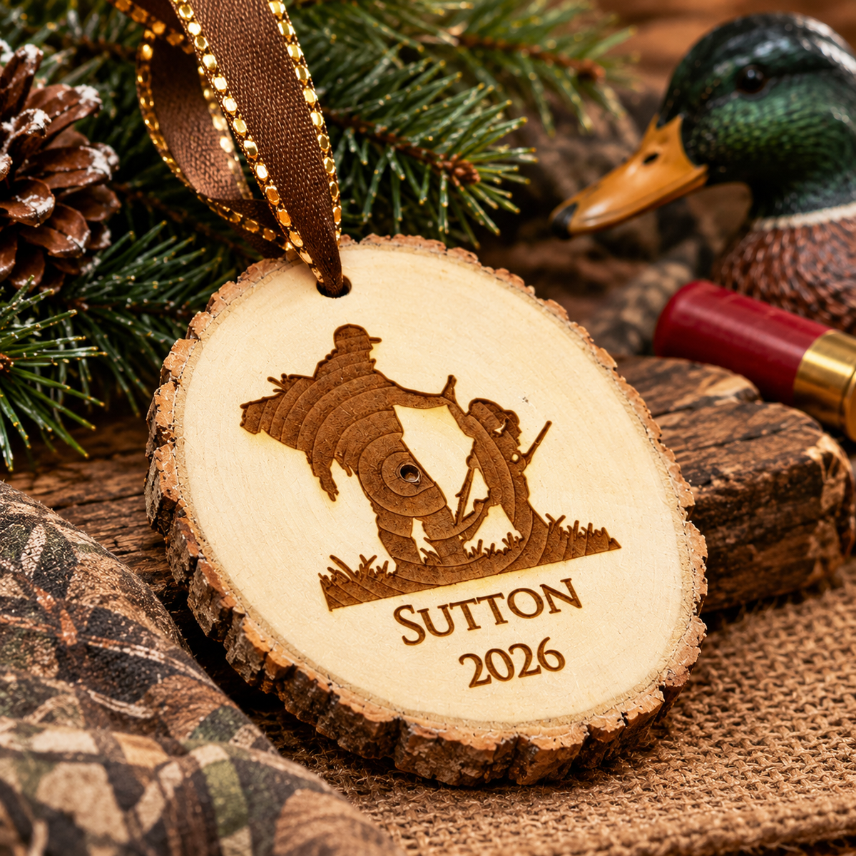 Personalized Hunting Christmas Ornament – Engraved Wood Slice