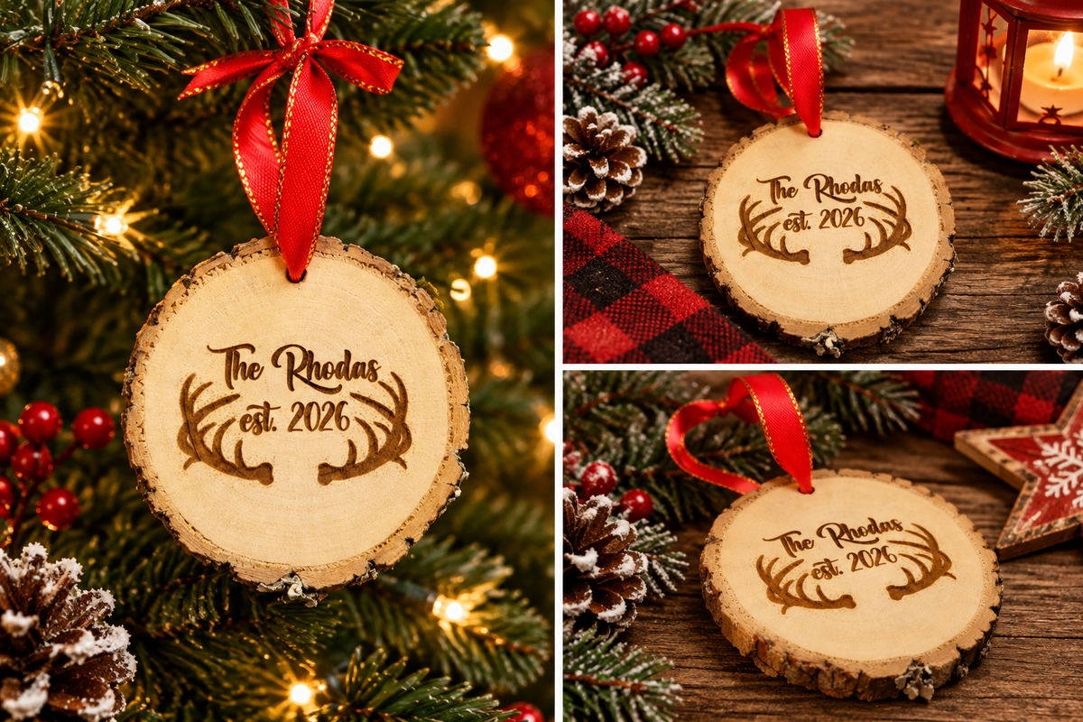 Family name wood slice Christmas ornament with antler design and red ribbon, shown on a Christmas tree and tabletop