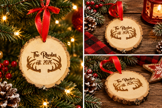 Family name wood slice Christmas ornament with antler design and red ribbon, shown on a Christmas tree and tabletop