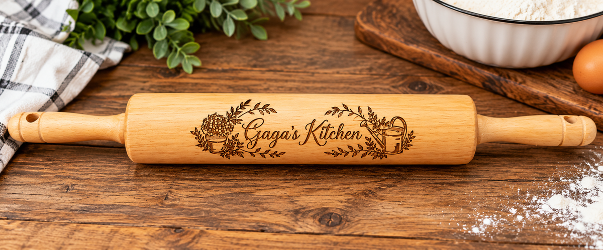 Personalized Kitchen Rolling Pin – Floral & Watering Can Design
