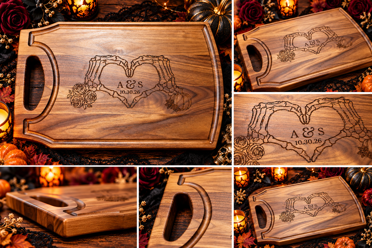 Personalized Gothic Skeleton Heart Wedding Cutting Board