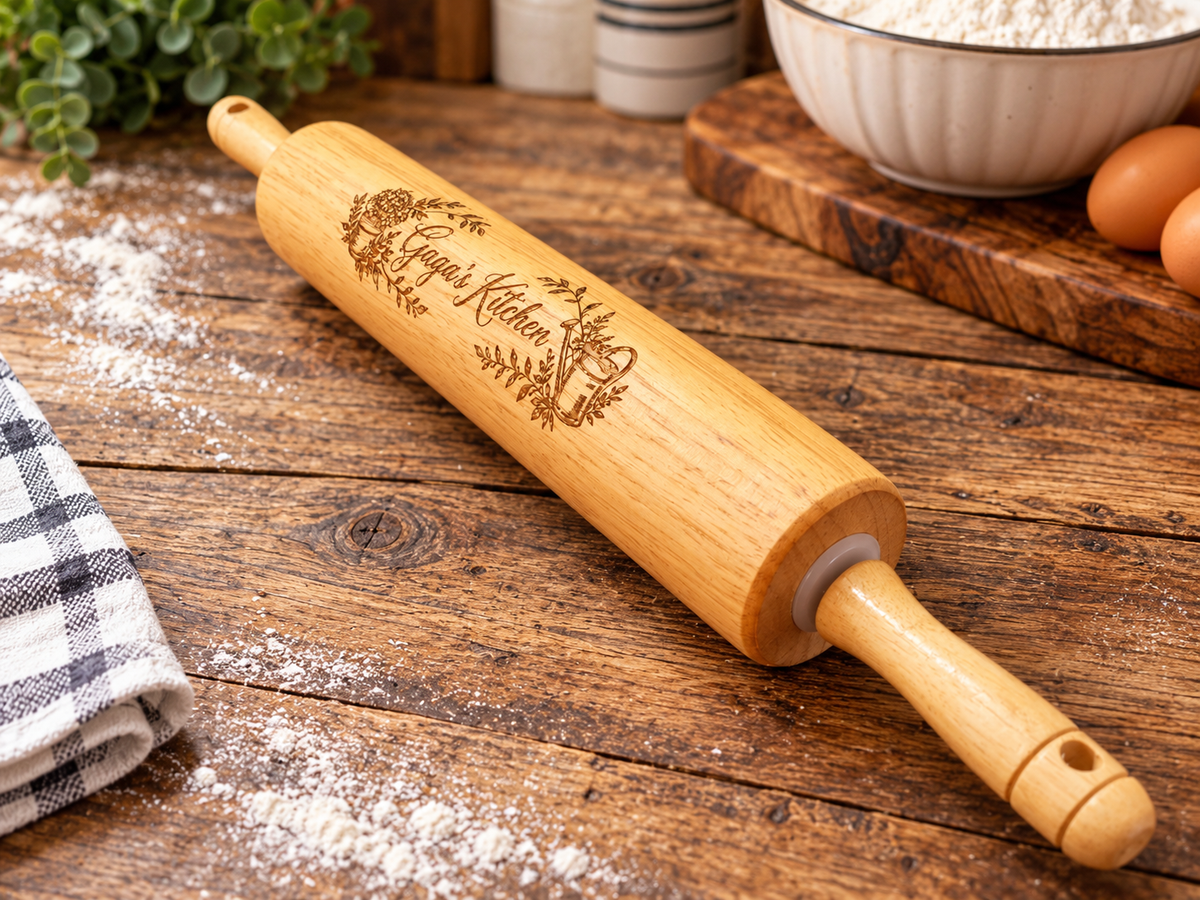 Personalized Kitchen Rolling Pin – Floral & Watering Can Design