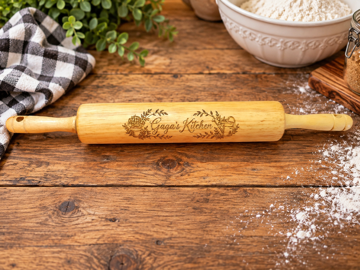Personalized Kitchen Rolling Pin – Floral & Watering Can Design