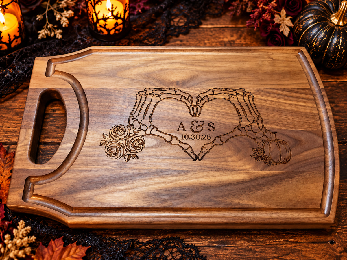 Personalized Gothic Skeleton Heart Wedding Cutting Board
