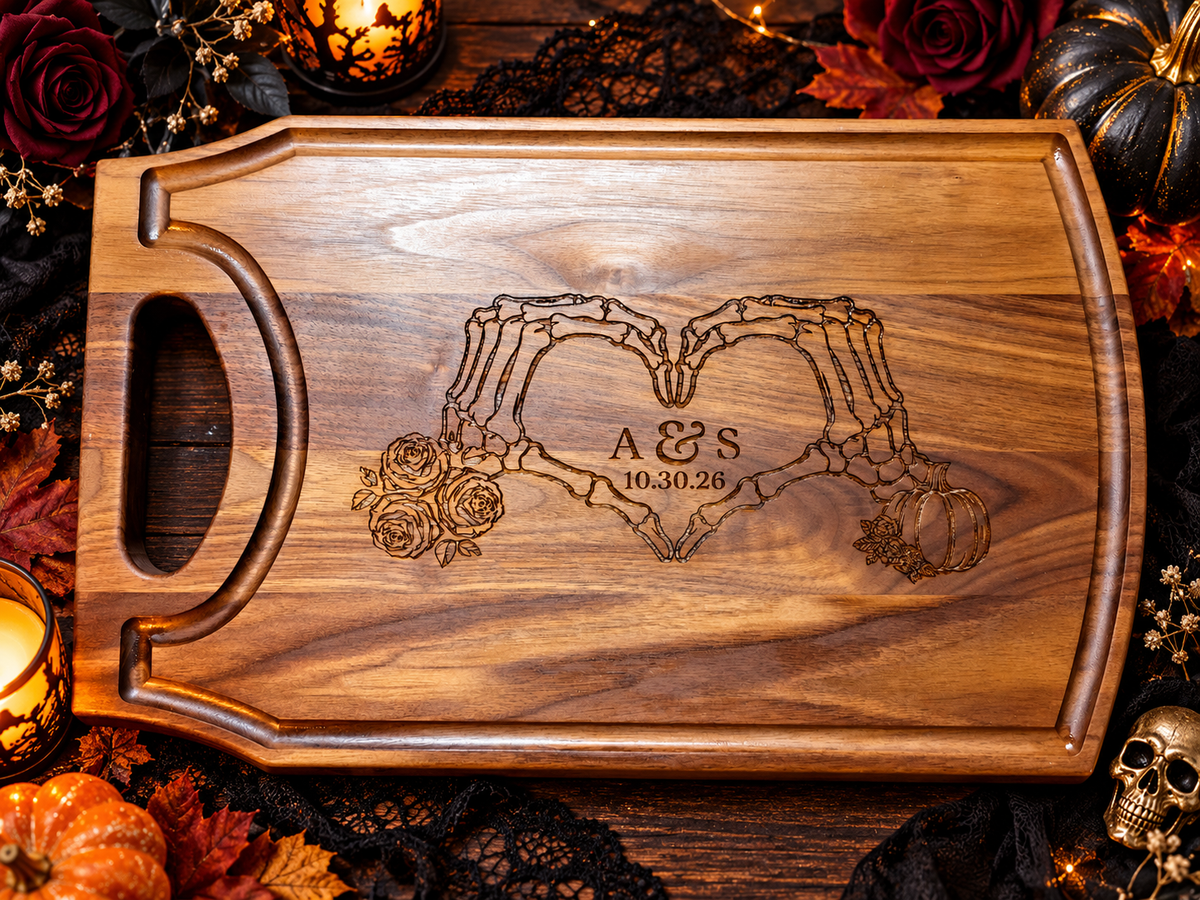 Personalized Gothic Skeleton Heart Wedding Cutting Board