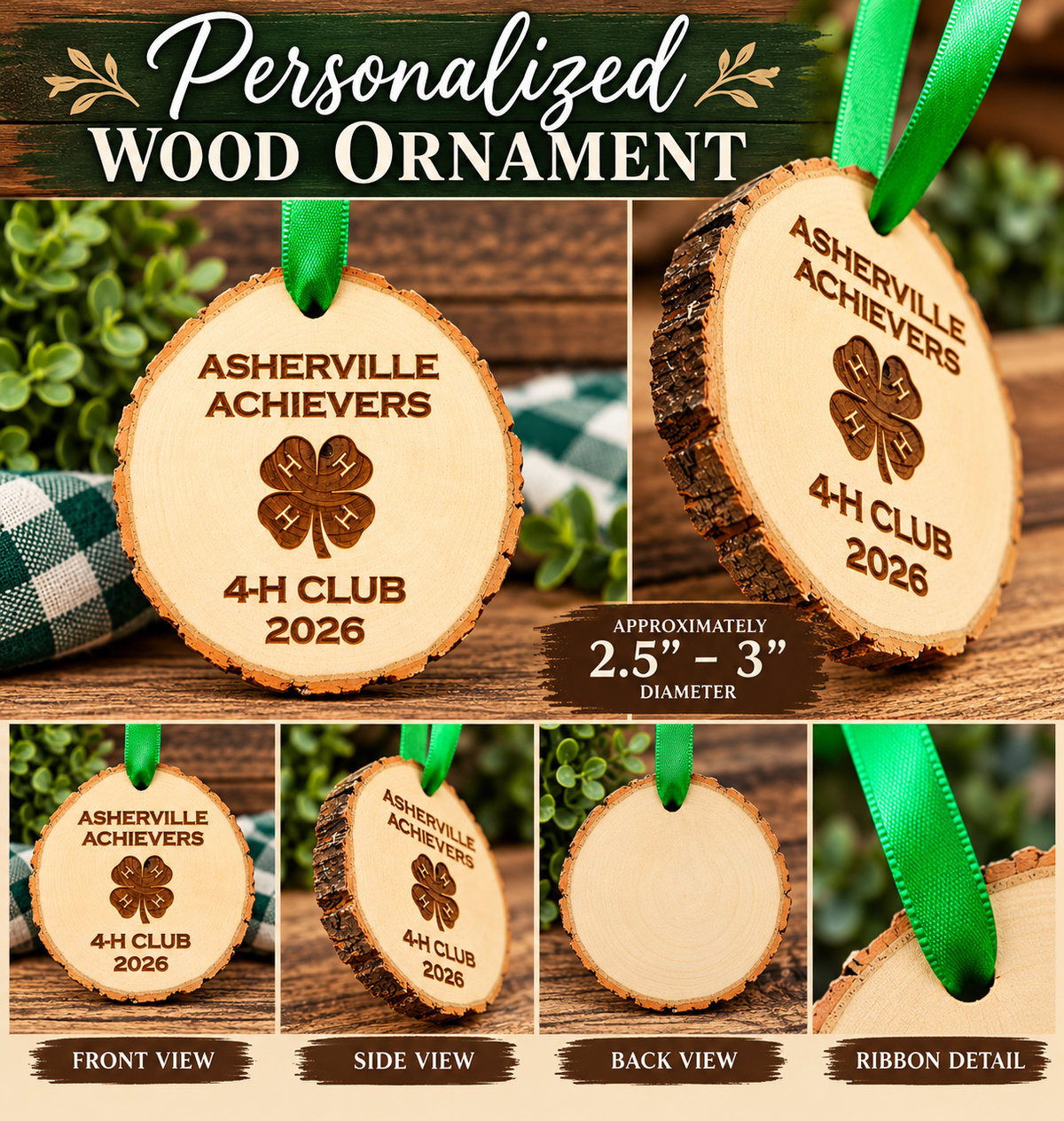Personalized 4-H Club Wood Slice Christmas Ornament
