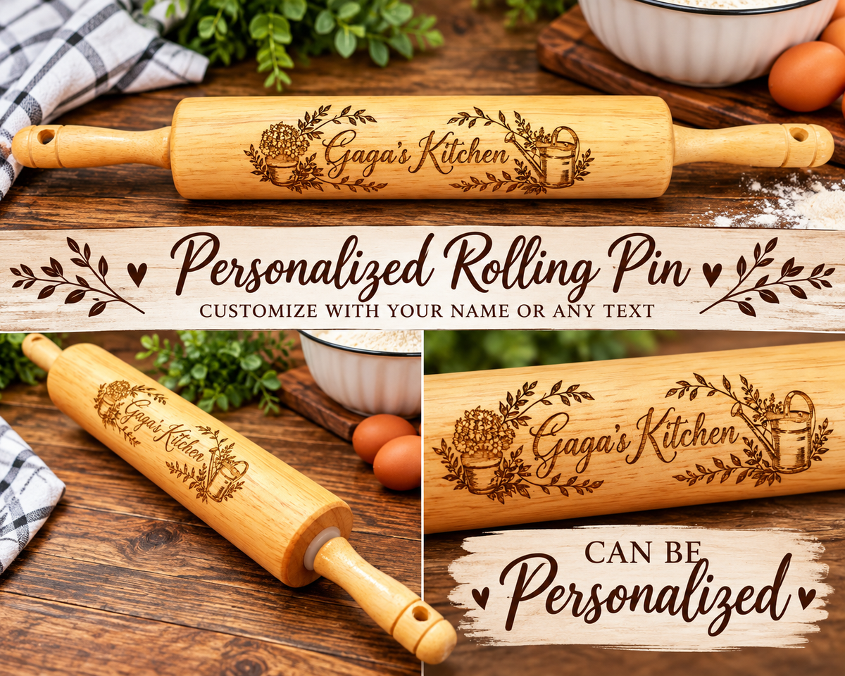 Personalized Kitchen Rolling Pin – Floral & Watering Can Design