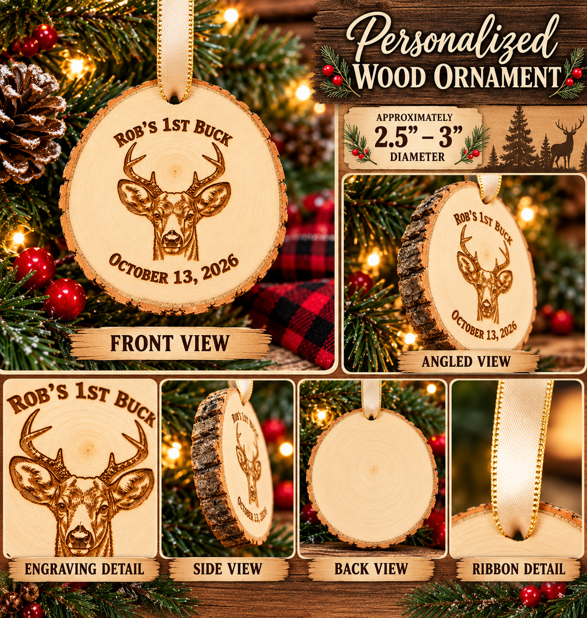 Personalized Buck Deer Wood Slice Christmas Ornament