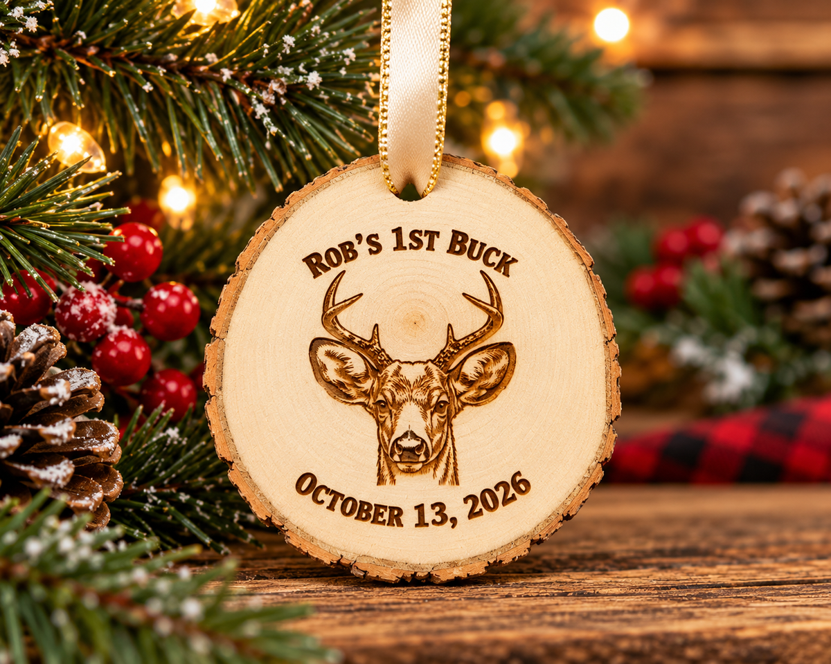 Personalized Buck Deer Wood Slice Christmas Ornament
