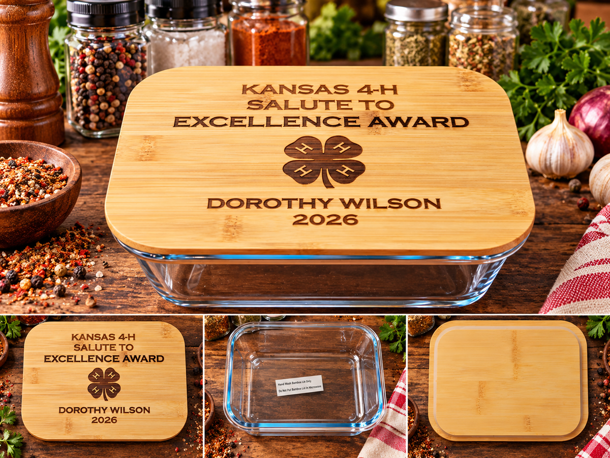 Personalized 4-H Award Glass Dish with Engraved Bamboo Lid