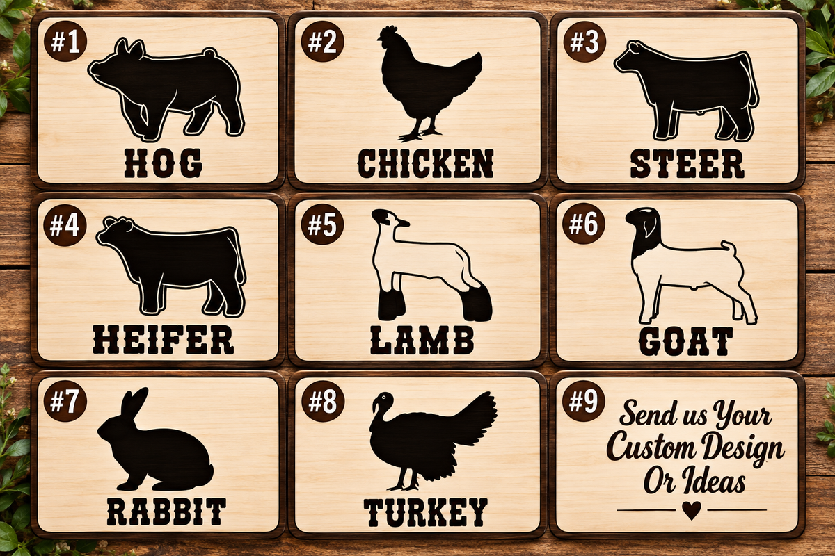Market animal engraving choices: hog, chicken, steer, heifer, lamb, goat, rabbit, and turkey