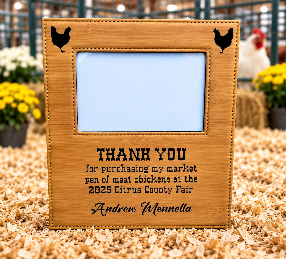 Personalized livestock buyer thank-you frame with chicken design