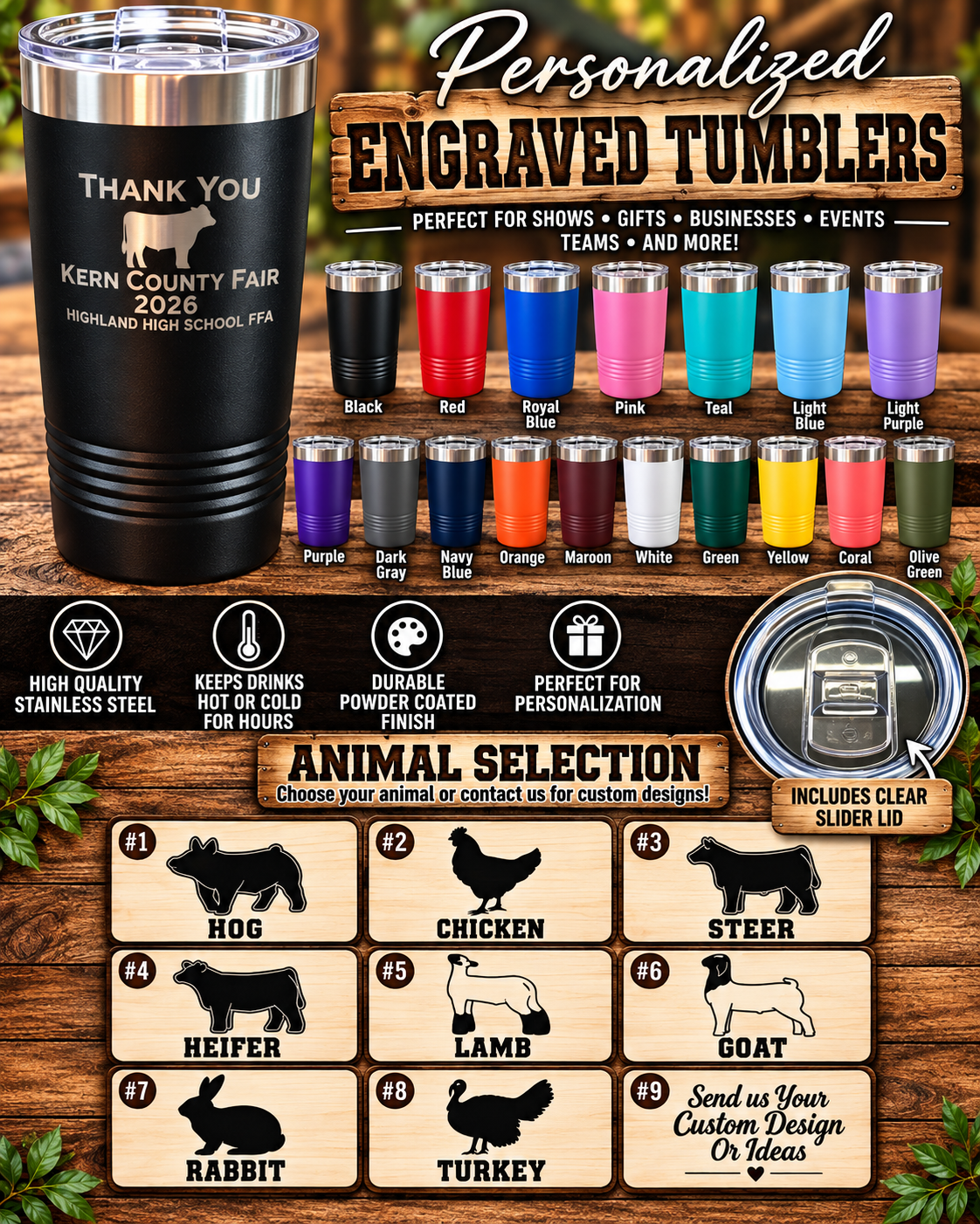 Personalized Engraved Tumbler, Custom Livestock Show Gift, 20 oz Stainless Steel Cup