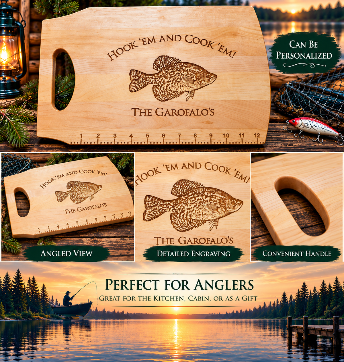 Personalized Crappie Fishing Cutting Board – Hook ’Em and Cook ’Em