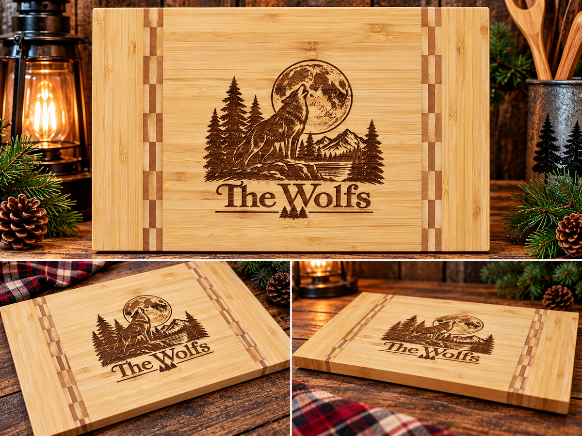 Multiple views of the personalized wolf cutting board