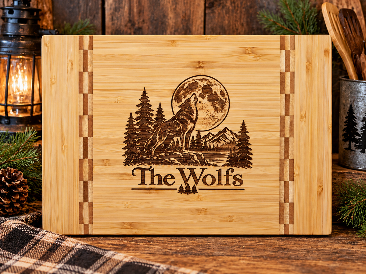 Personalized wolf and moon engraved bamboo cutting board with custom family name